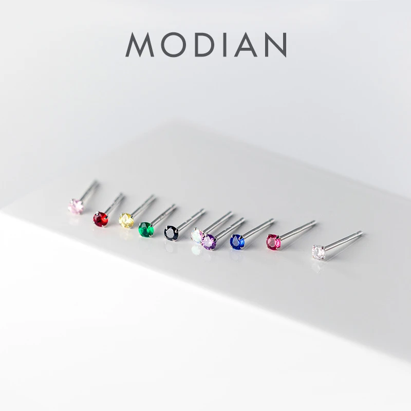 MODIAN Rainbow Color CZ Stud Earrings 925 Sterling Silver Platinum Plated Round Cubic Zirconia Hypoallergenic Wedding Earrings