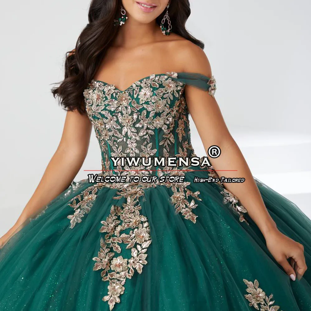 Green Quinceanera Dresses Sparkly Gold Sequins Appliques Sweet 16 Dress Princess Ball Gown Vestidos De 15 Años Quinceañer Luxury