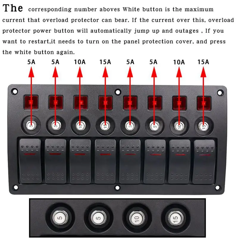 Boat Car Marine Rocker Switch Panel 8 Gang 3PIN & Circuit Breaker Overload Protection Waterproof LED Switch Panel DC12/24V ON-OF