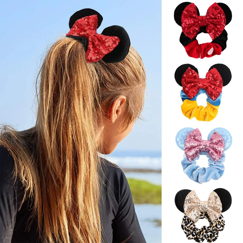 

Disney Anime Mickey Ears Plush Cloth Hair Circles Girl Cartoon Sequins Butterfly Versatile Hair Accessories Kids Cute Headwear