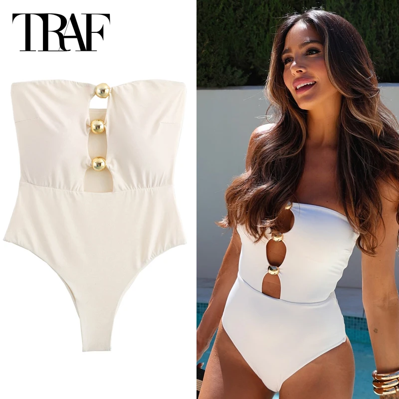 

TRAF Women's Hollow Out Sleeveless Solid Bodysuit Strapless Golden Ball Bodysuit Summer 2024 Ladies Sexy Backless Beach Bodysuit