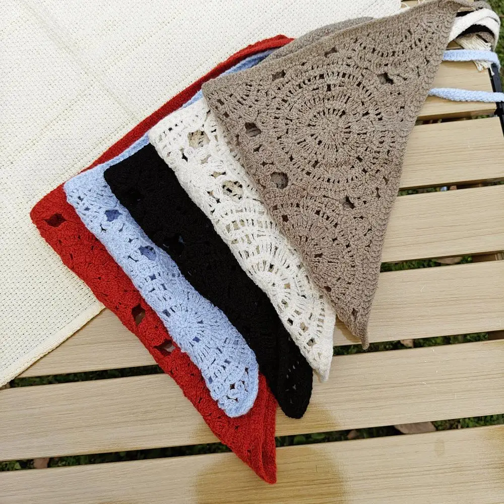 Sweet Handmade Crochet Hollow Triangle Headband French Pastoral Style Knitted Headscarf Summer Travel Literary Photo Hair Scarf