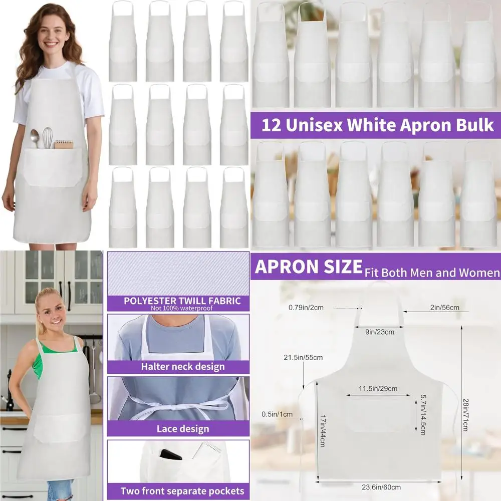 

Bulk Unisex White Aprons with 2 Pockets, Machine Washable, Ideal for Cooking and Painting