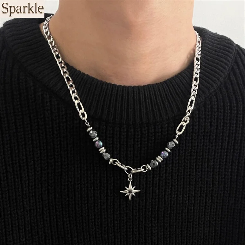 

Men's Titanium Steel Dark Star Pendant Necklace Hip-hop Punk Jewelry Accessory Bead Stacked Choker Male spliced Stainless Chain