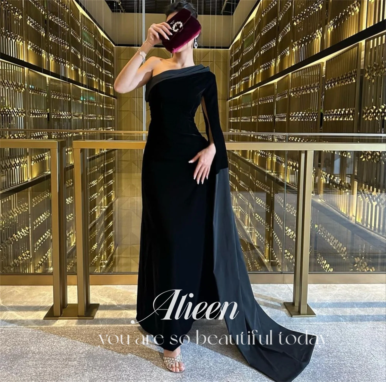 Aileen-vestidos sereia pretos de um ombro para casamentos, vestidos de luxo, vestido longo de baile, Dubai, oferta, liquidação, 2024