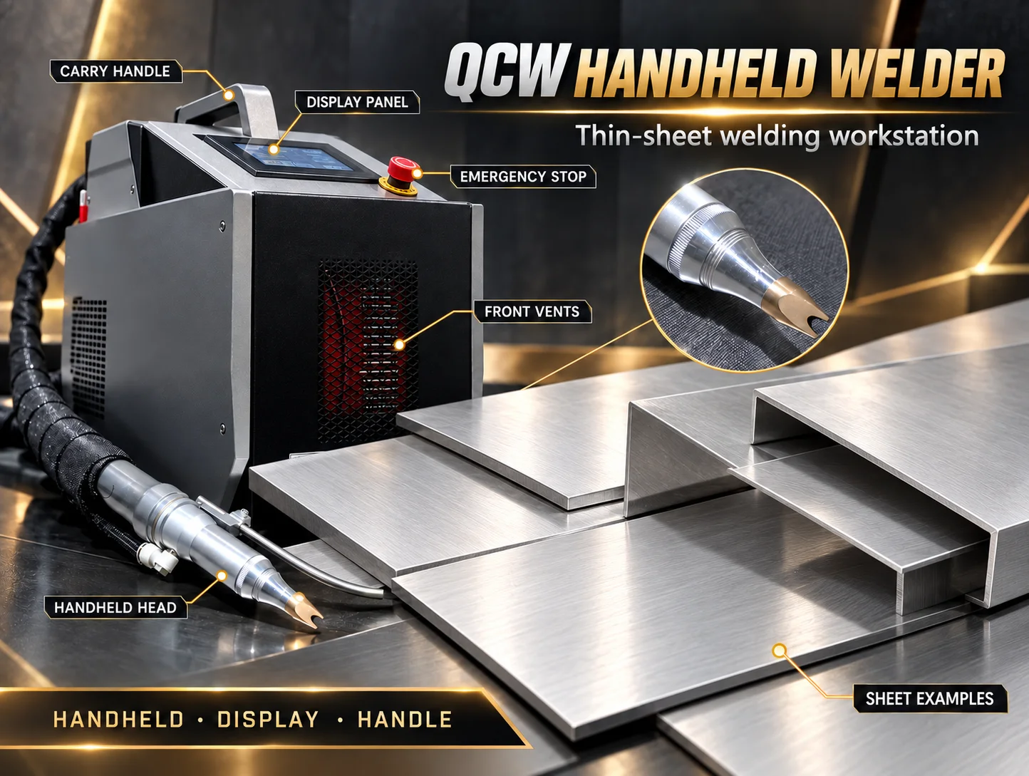 QCW Handheld Welder for Thin Sheet Processing with Connected Hose, Display Screen and Front Air Vents