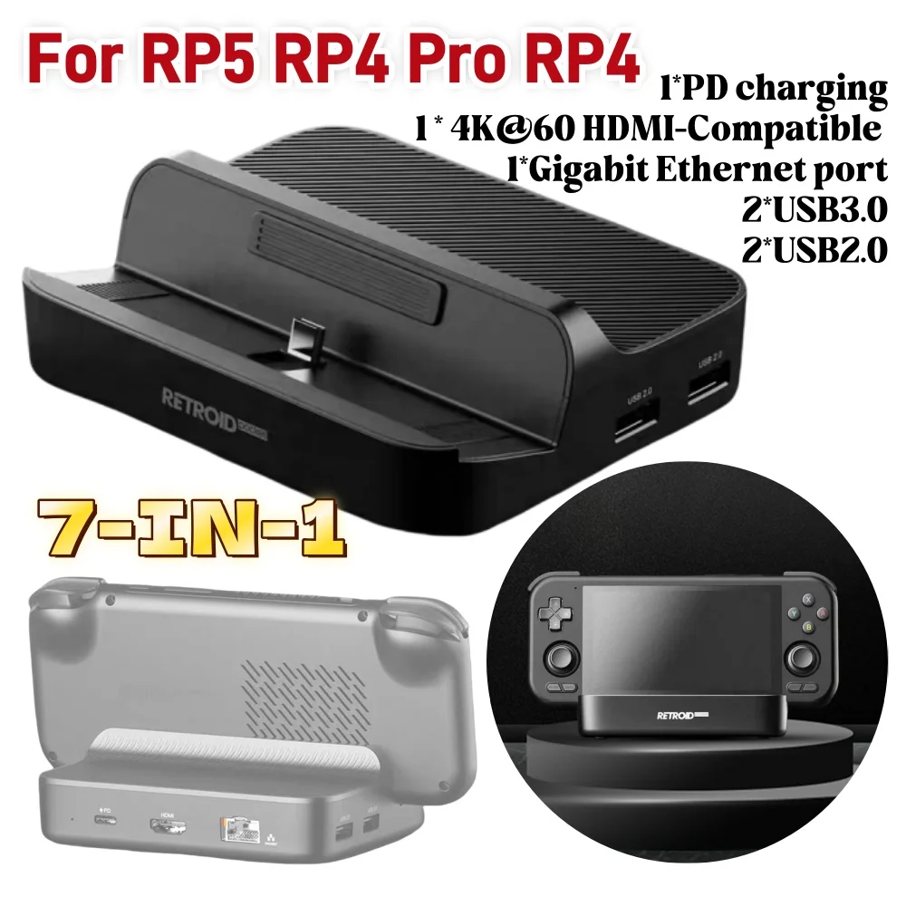 7 In 1 Charging Dock for Retroid Pocket 5 Charger Dock Station PD Charging HDMI-Compatible 3*USB3.0 2*USB2.0 for RP5 RP4 Pro RP4