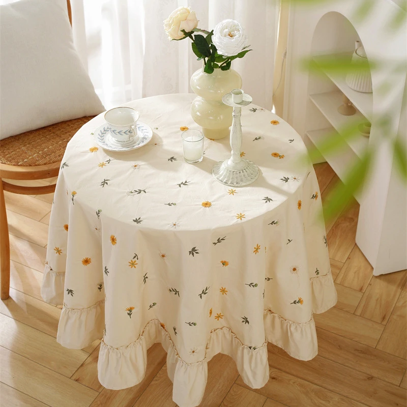 Rounds Shape Apricot Cotton Embroidered Tablecloths with Ruffled Leaf-Shaped Edges for Round Tables