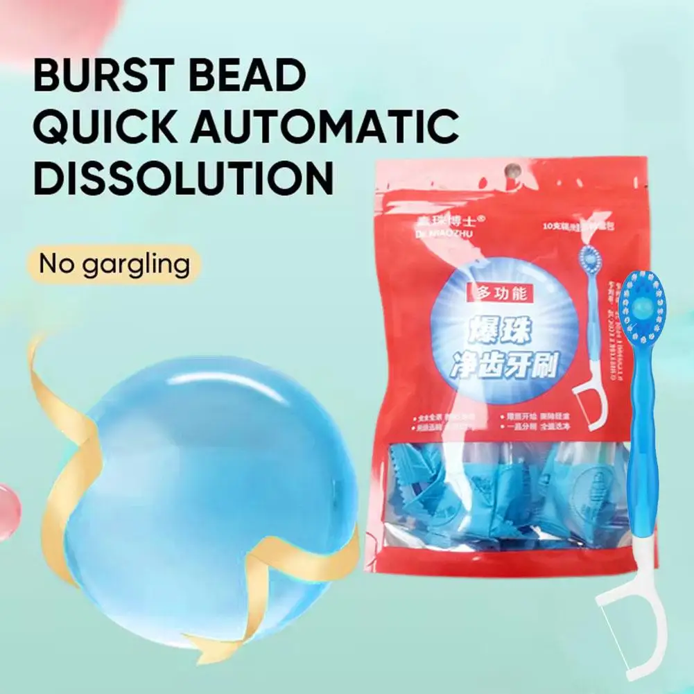 

Disposable Toothbrush With Mint Exploding Beads Portable Travel Manual Toothbrush With Floss Pick Waterless Oral Cleaning Tool