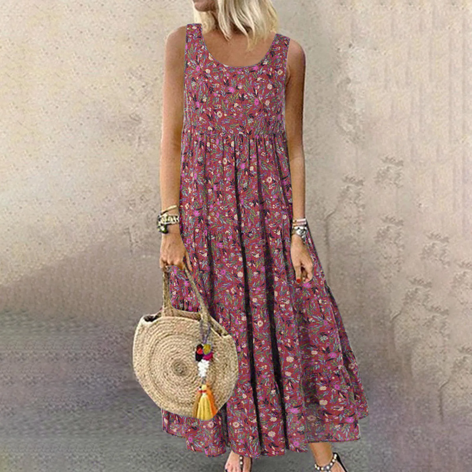 Women Floral Print Bohemian Casual Dress 2024 New Summer Sleeveless O-Neck Plus Size Dress Holiday Beach Large Sundress