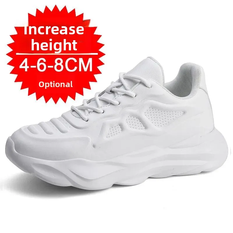 Men's Invisible Height Increasing Elevator Shoes White/Black Sole Ultra Lace-up Sporty Walker 8cm Taller Hidden Heel Shoes 6cm