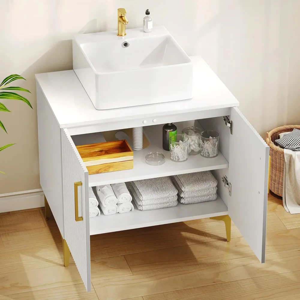 

Bathroom Cabinet Sink, Freestanding Storage Cabinet W/Engineered Stone Countertop, 30 Inch 2 Large Soft Closing Doors W/Shelf