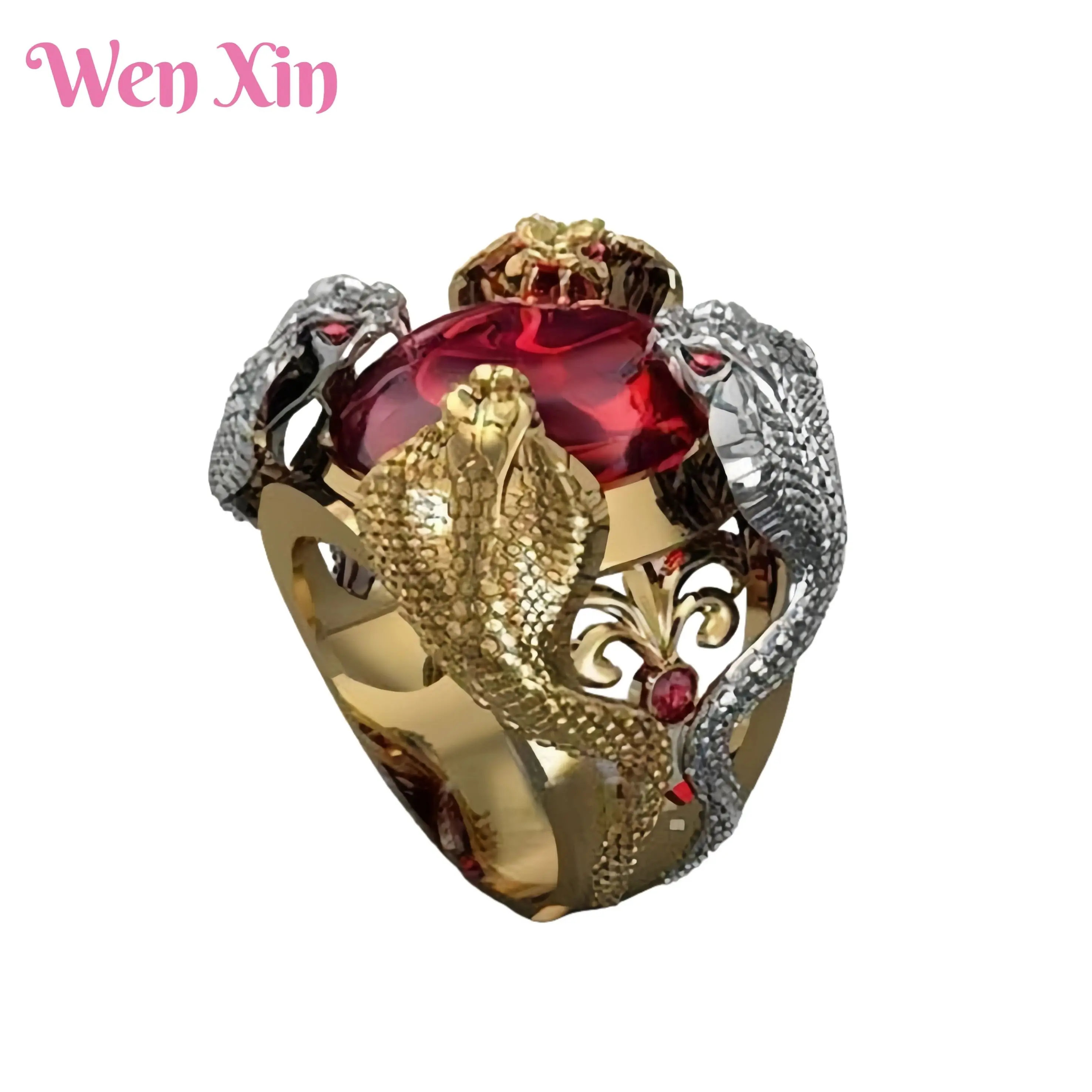 

WENXIN Brand MUSHAN MCT 18k Gold Plated Gold and Silver Python With Ruby Gemstone Ring Fashion Jewelry Accessories