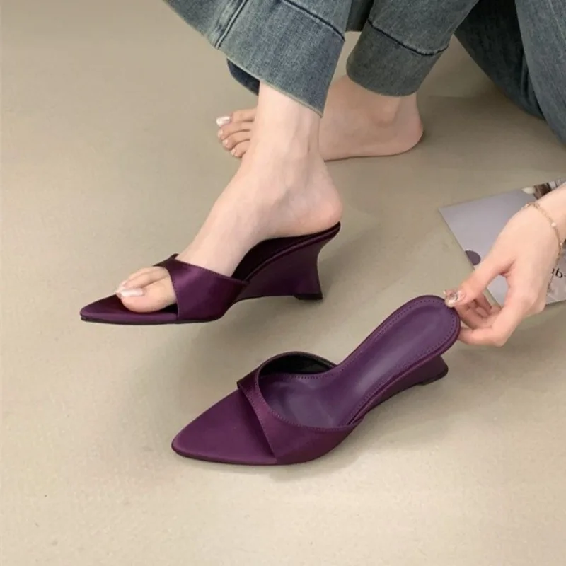 

Aneikeh Fashion Summer Purple Elegant Silk Wedges Women Slippers Thick High Heels Slide Pointed Toes Beach Shoes
