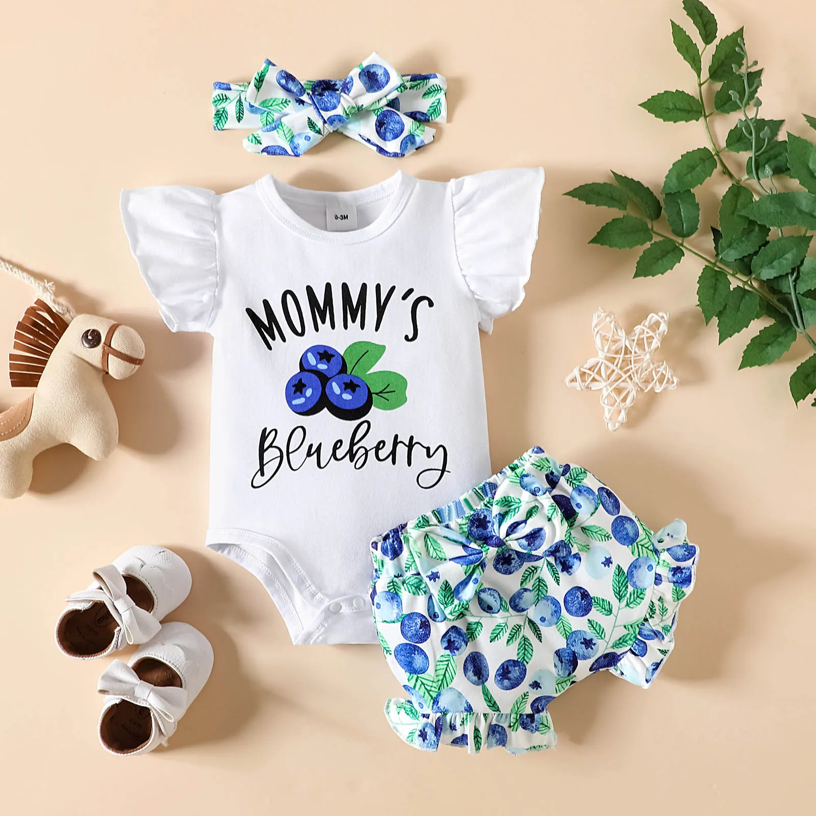 

0-18M Baby Girl's Letter Print Flying Sleeve Clothes Sets Sunflower Blueberry Rompers+Shorts+Headband 3Pcs Suit for Summer Wear