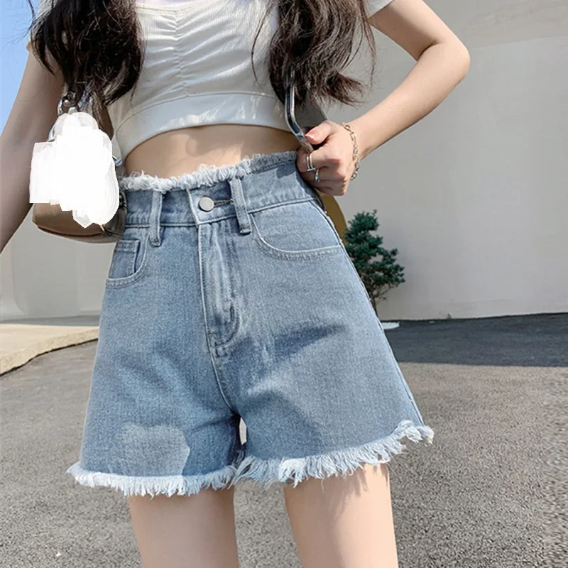 2023 Spring/Summer Casual Wide Leg Denim Shorts Women's High Waist Versatile Small Figure Slim ins Ragged A-line Hot Pants