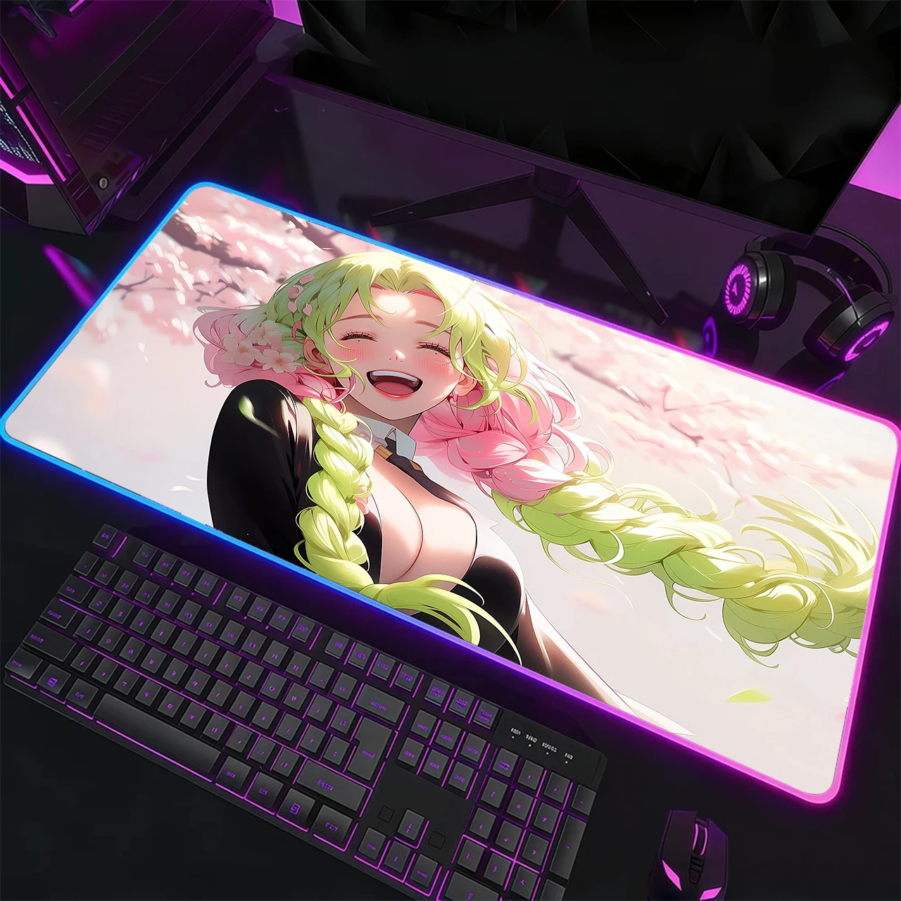 RGB Gaming Mouse Pad,Large Size,Anti-slip,Stitched Edges,Soft Rubber,Orange Hair Horn Anime Girl Deskpad For Office Use