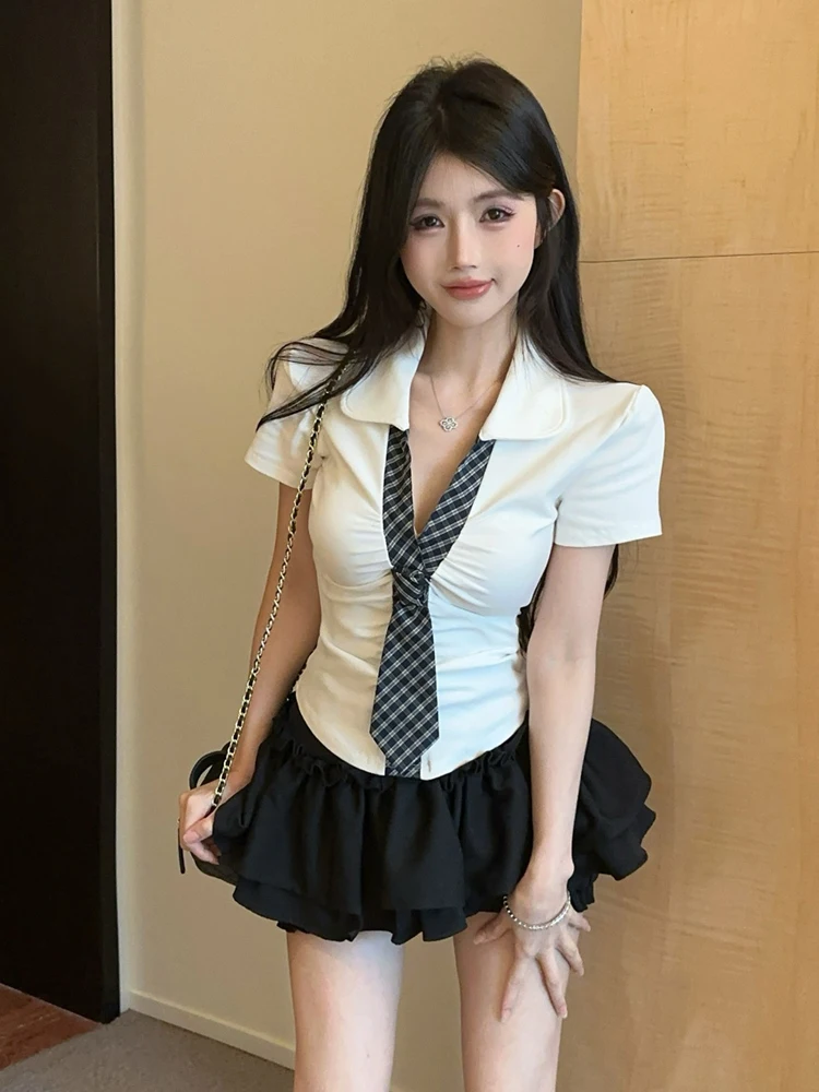 

Sweet And Spicy Sle Jk orm Поддельный двухсекционный воротник Тонкая футболка ort Sve Топ с высокой талией Пышная юбка длина Комплект