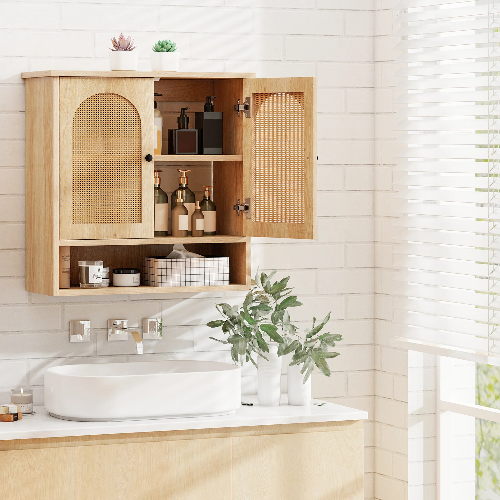 

Bathroom Wall-Mounted Cabinet, Faux Rattan Medicine Cabinet with Adjustable Shelves & Open Cube, Open-Back Storage Cabinet Over Toilet, Storage Organizer Unit for Laundry Room, Kitchen