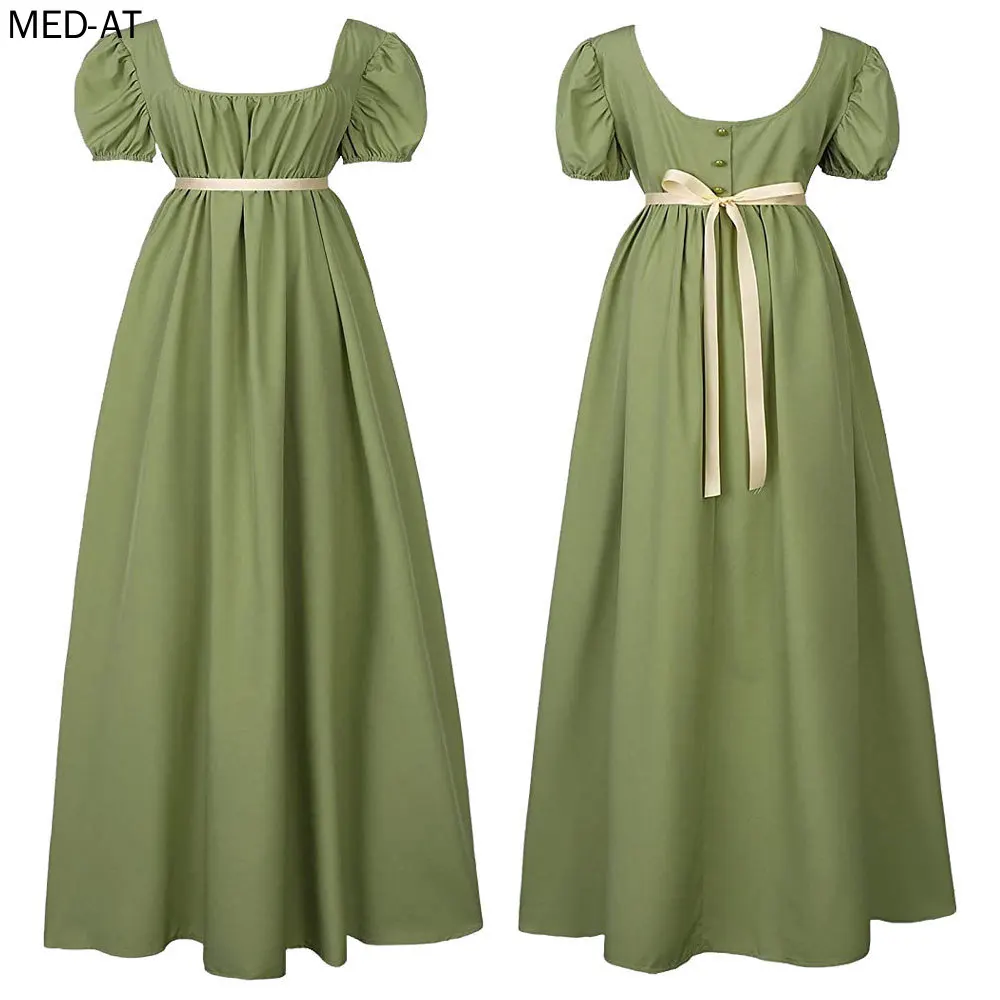 Abiti da Regency per donna con fascia in raso manica a sbuffo arruffata abito a vita impero abito Jane Austen Costume Cosplay XS-3XL