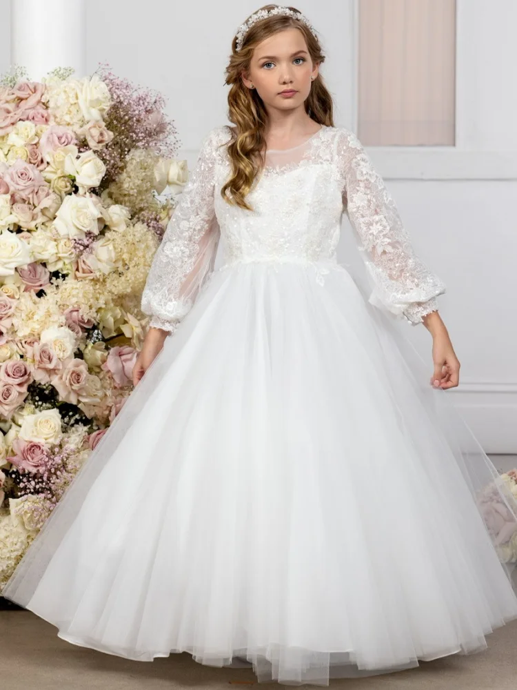 

Customized Flower Girl Dress White Tulle Floral Appliques Long Sleeve For Wedding Birthday Party Banquet Holy Communion Gown