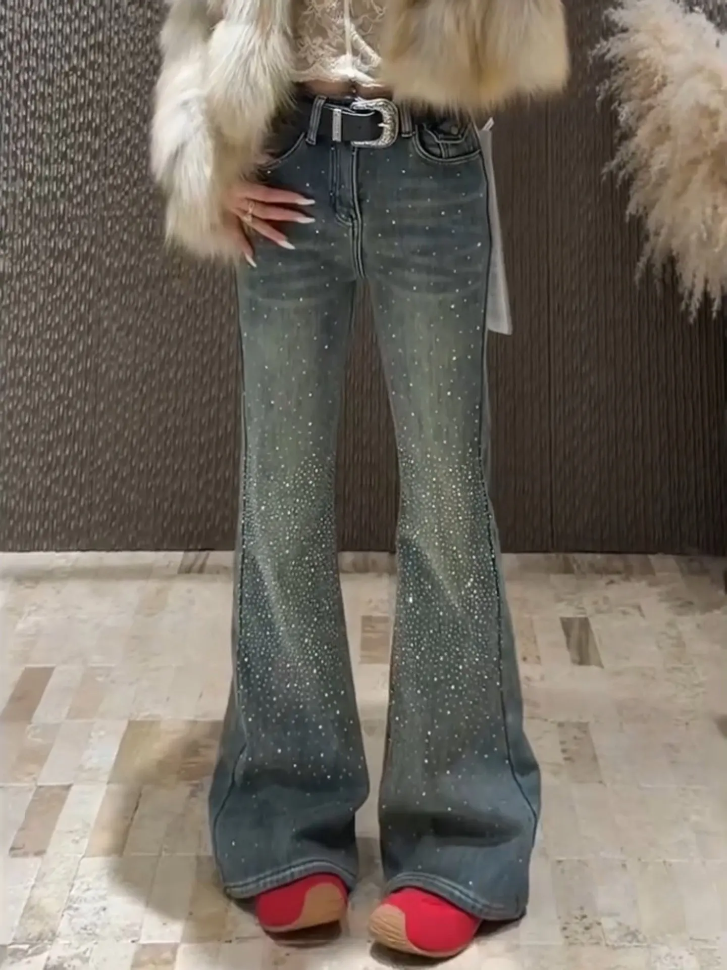 Women's Y2k Flared Jeans Harajuku Vintage Rhinestone Denim Trousers Japanese 2000s Style Jeans Long Pants Clothes