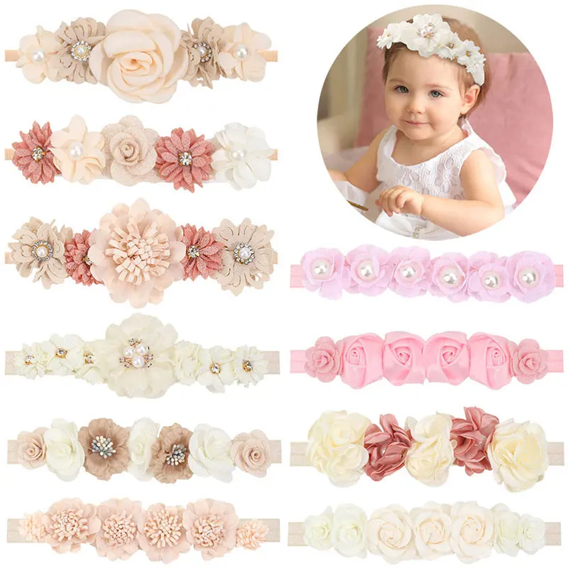 Linda diadema para niña, diadema elástica con flores y perlas para bebés, banda para el cabello de nailon, diademas para niños pequeños con flores