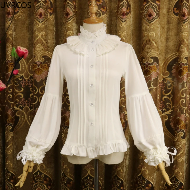 Victorian Gothic Lolita Style Shirts Women Vintage Elegant Long Sleeves Blouse Female Japan Fashion Ruffles Turtleneck Slim Tops