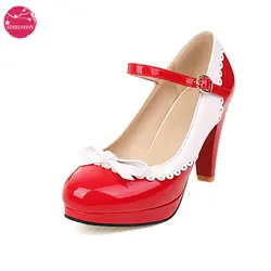 EDEELVEEYS Mary Jane Patent Leather Shoes Women Sweet Bowtie Patchwork Colors Pumps Spike High Heels Spring Summer Plus Size 48