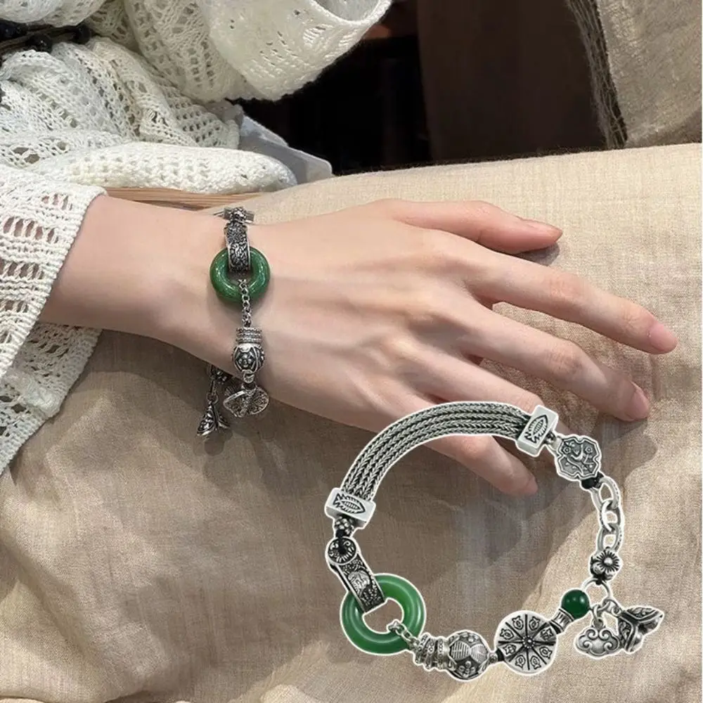 

New Chinese Style Retro Beaded Bracelet Aesthetic Fashion Bead Round Charm Bracelets Vintage Traditional Green Jade Bangle