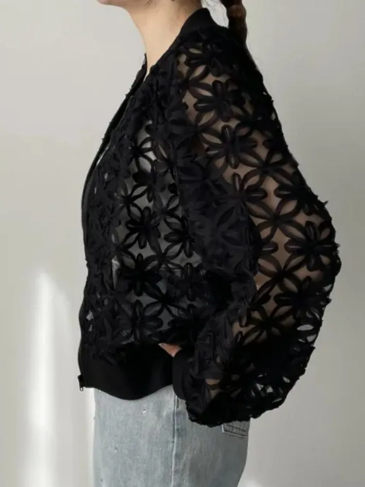 UOOZEE femmes évider fermeture éclair col rond vestes manches longues couleur unie élégant décontracté bureau mince manteaux 2025 nouveaux vêtements féminins