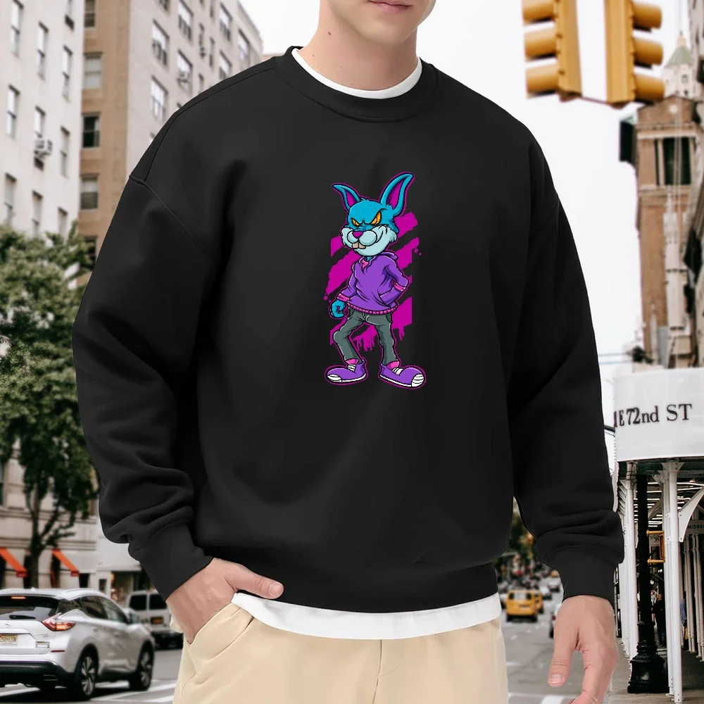 

Men's Black Crew Neck Loose Sweatshirt, Trendy Cartoon Rabbit Print Pullover, Street Casual Style Top, Versatile and Comfortable for Everyday Wear