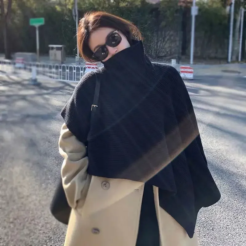 High Collar Irregular Pullover Sweater Cape Women's Tops Sleeveless Autumn And Winter Outer Tower Turtleneck Knitted Scarf Neck