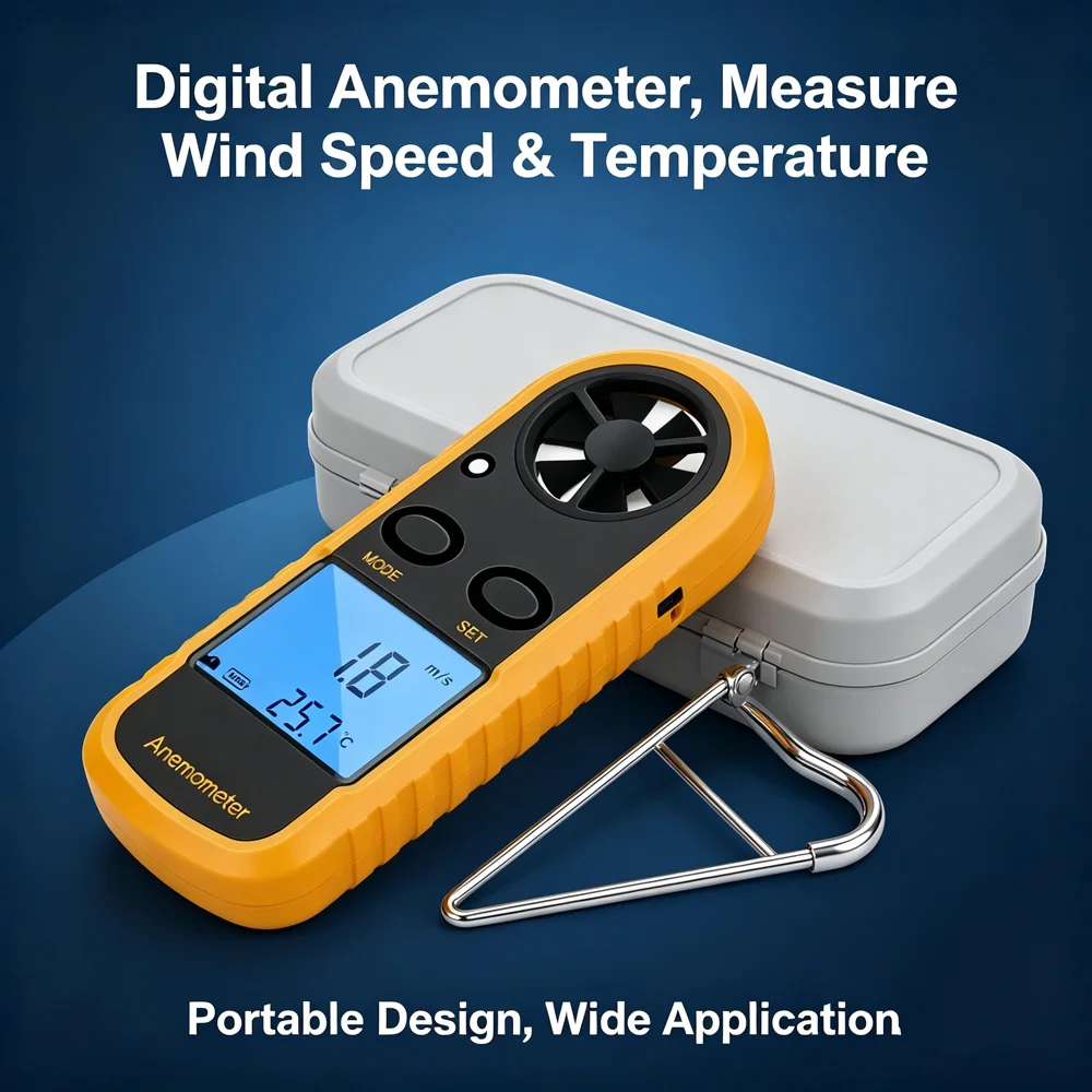 Portable Digital Anemometer Handheld Wind Speed Gauge with Temperature LCD for Drone Sailing HVAC Industrial Work