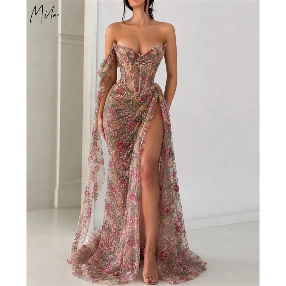 Mila Customized One Shoulder High Slit Foral Embroidery Prom Dress Mermaid Pleats Formal Evening Floor-Length Vestidos De Fiesta