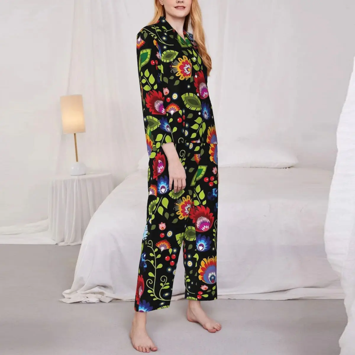 Folk Art Floral Print Pajamas Set Spring Soft Bedroom Sleepwear Female 2 Pieces Vintage Oversized Design Nightwear Gift Idea