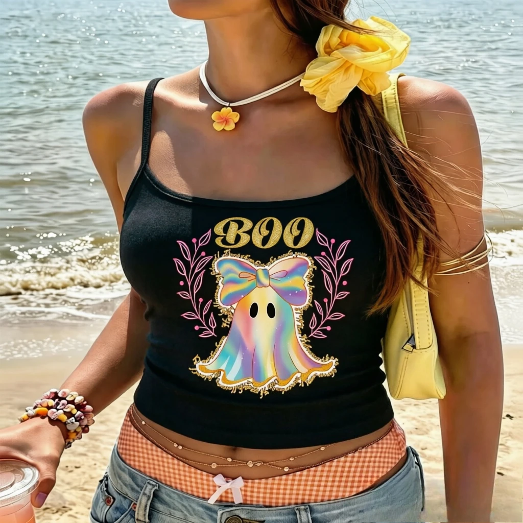 Boot-Scootin’ Spooky Western Ghost Graphic Cami Top – Cute Halloween Cowgirl Tank for Beach Days & Fall Parties