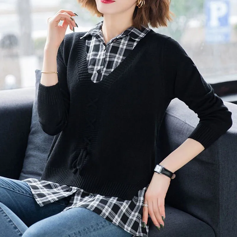 New Spring and Autumn Fashion Korean Edition Spliced Fake Two Piece Shirt Collar Top Loose and Versatile Women\'s Knitted Sweater