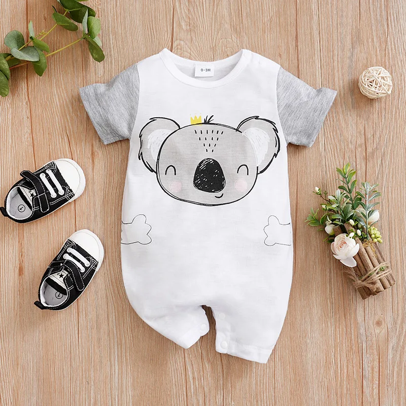 Summer Boys And Girls Cute Cartoon Kaola Print Casual Comfortable Short Sleeve Baby Bodysuit