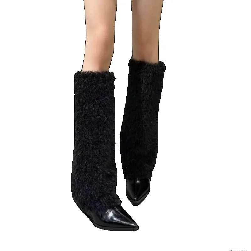 Elegant Pointed Toe Women High Heels Long Boots Designer Classical Suede Shoes 2025 Winter New Brand Pumps Cozy Knee Boots Mujer