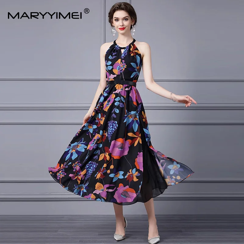 MARYYIMEI Vestido de moda con cuello halter y estampado floral, cintura alta, con cordones, vestido de fiesta sexy delgado