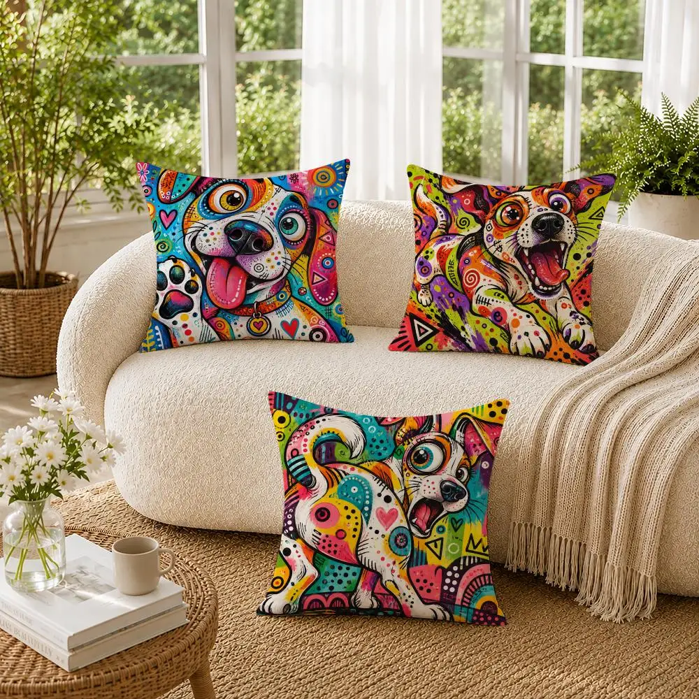 Funky Dog Colorful Modern Cushion Cover Soft Short Plush Pillow Cases Hidden Zipper Cutecore Sofa Bedroom Home Decor Gift