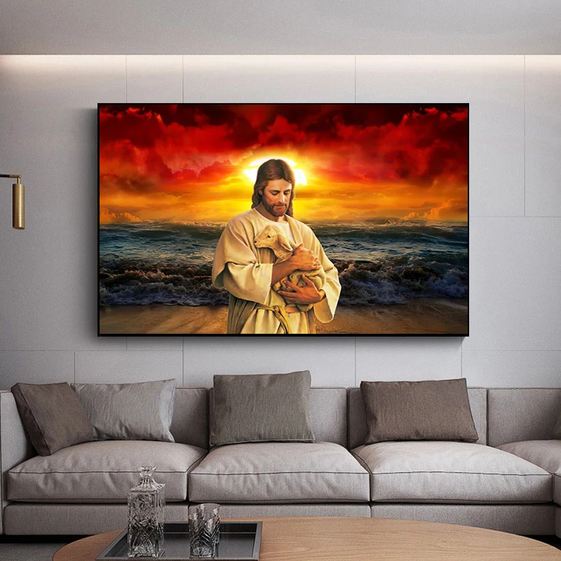 

God Jesus Herding Sheep Canvas Art Poster with Frame Classical Christian Jesus Poster Prints Portrait Wall Picture Home Decor