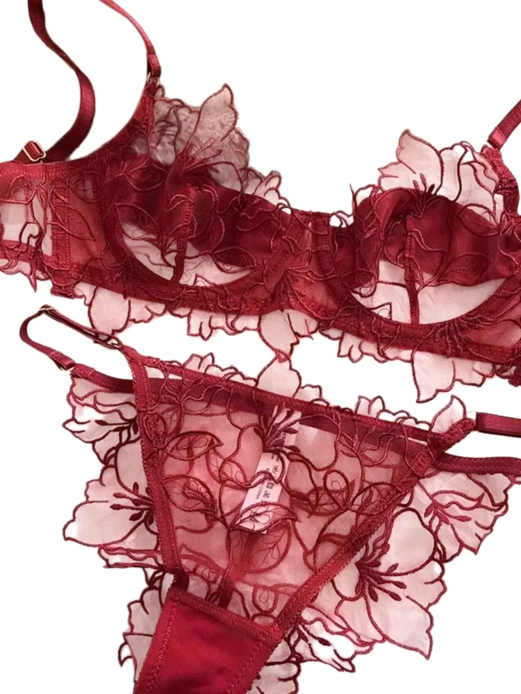 KUCLUT French Pure Desire Lingerie Sexy Thin Cup with Underwire Bra Set Christmas New Embroidered Lace Underwear Bra