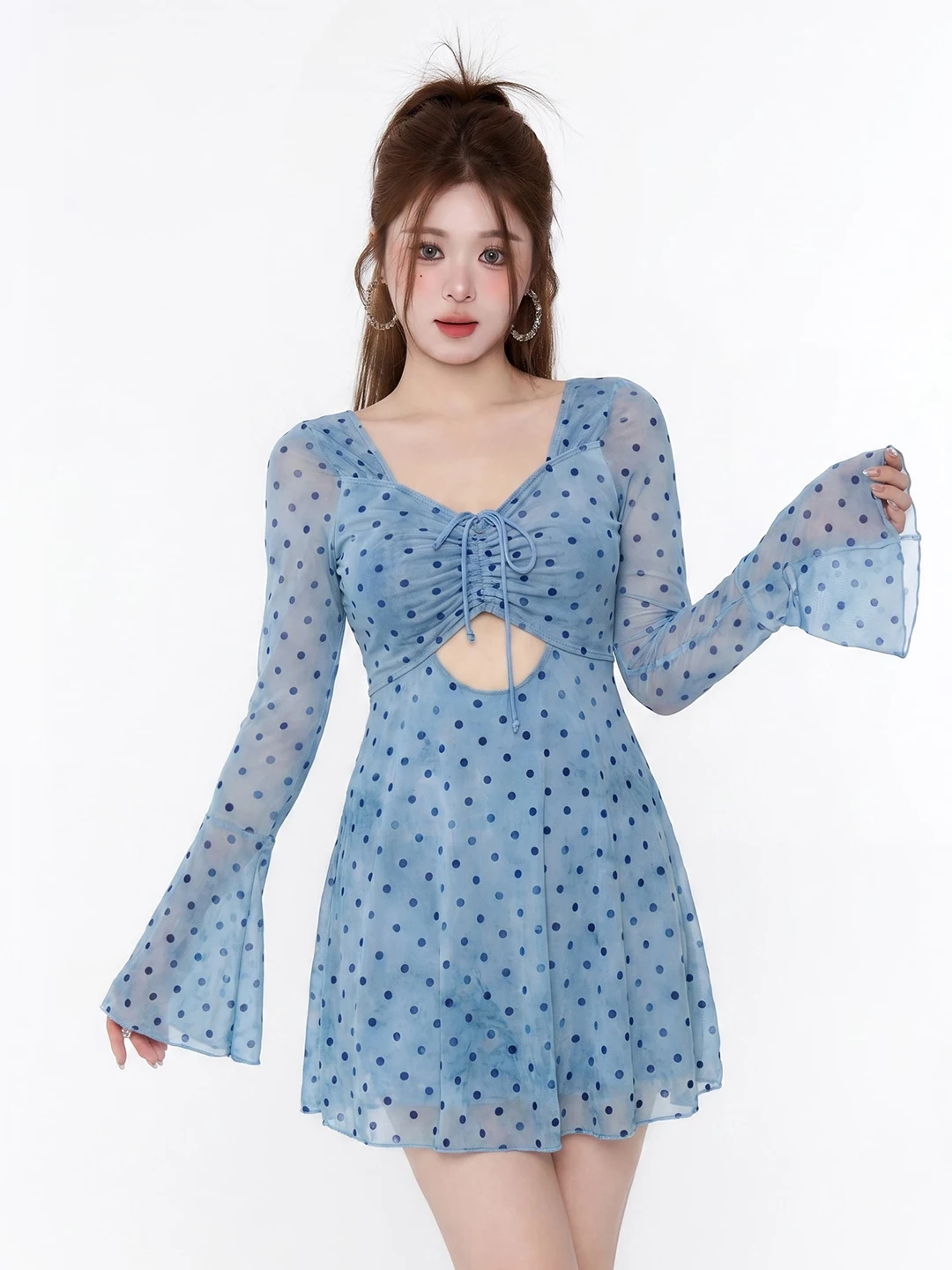 Large Size Girls' Two-Piece Swimsuit Pear Shape Flat Angle Water Park Slimming V-Neck Long Sleeve Beach Play Pure E-Commerce