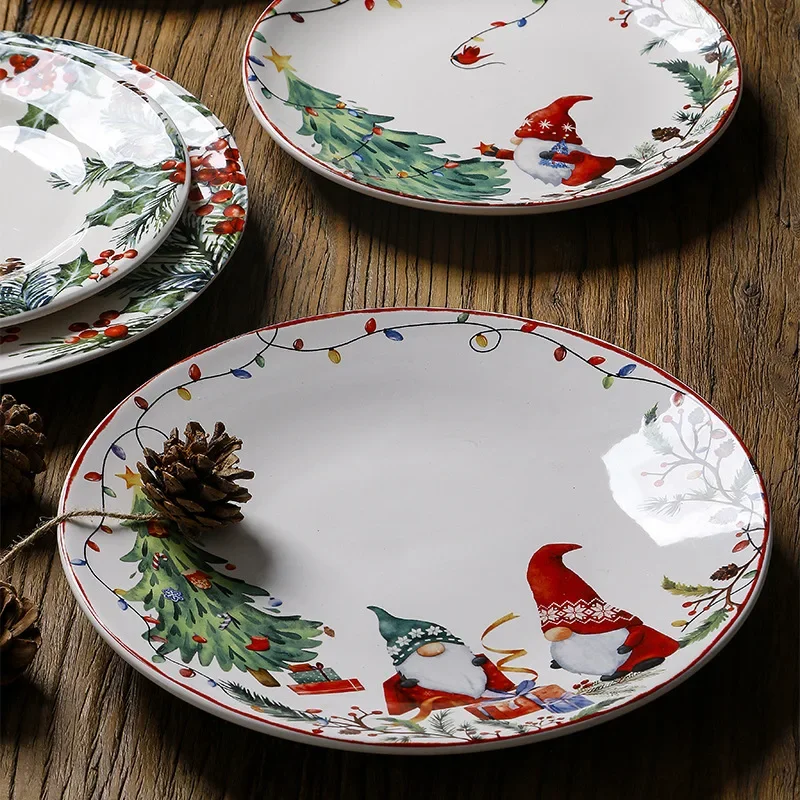 Christmas Ceramic Creative Dinner Plate Set Household Underglaze Flat Plate Round Dim Sum Decorative Plate  Sushi Plate