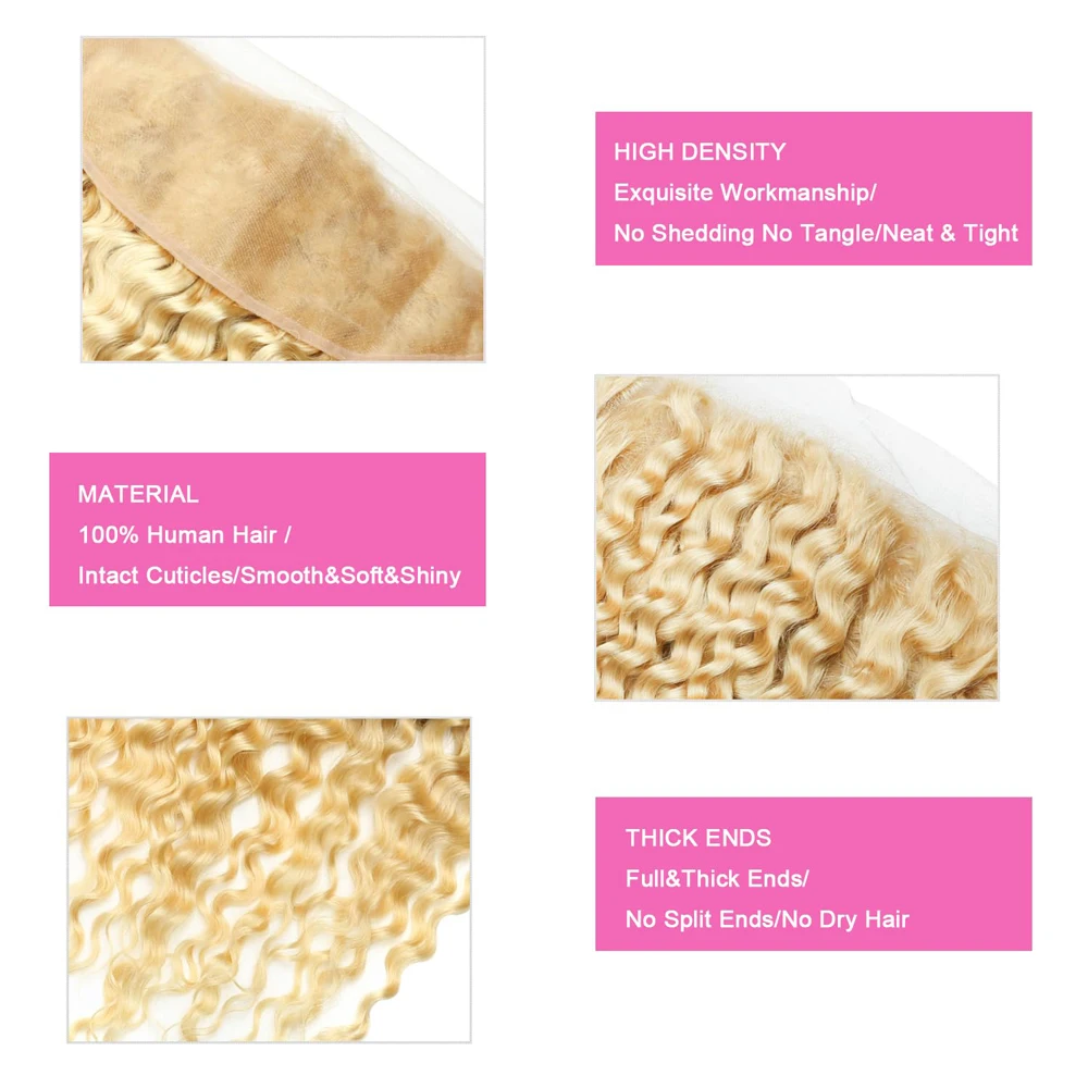 12A Grado 613 Rubio 13x4 Onda profunda Cabello humano Frontal de encaje Pre-arrancado 150% Densidad Cabello virgen brasileño de extremo completo