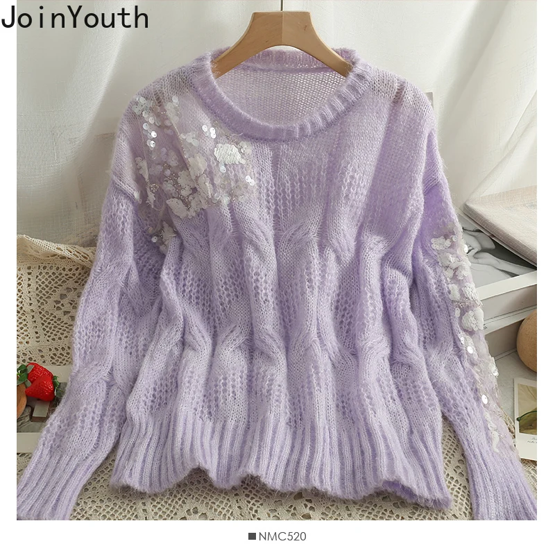 Korean Sweater Fashion Pullovers Tops Women Gauze Patchwork Sequined Pull Femme Y2k Clothes Sueter Mujer Knit Sweater Jumper