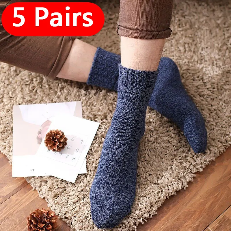 

5 Pairs Winter Warm Men’s Socks Cotton Male Women Super Thicker Solid Socks Merino Wool Against Cold Snow Terry Socks