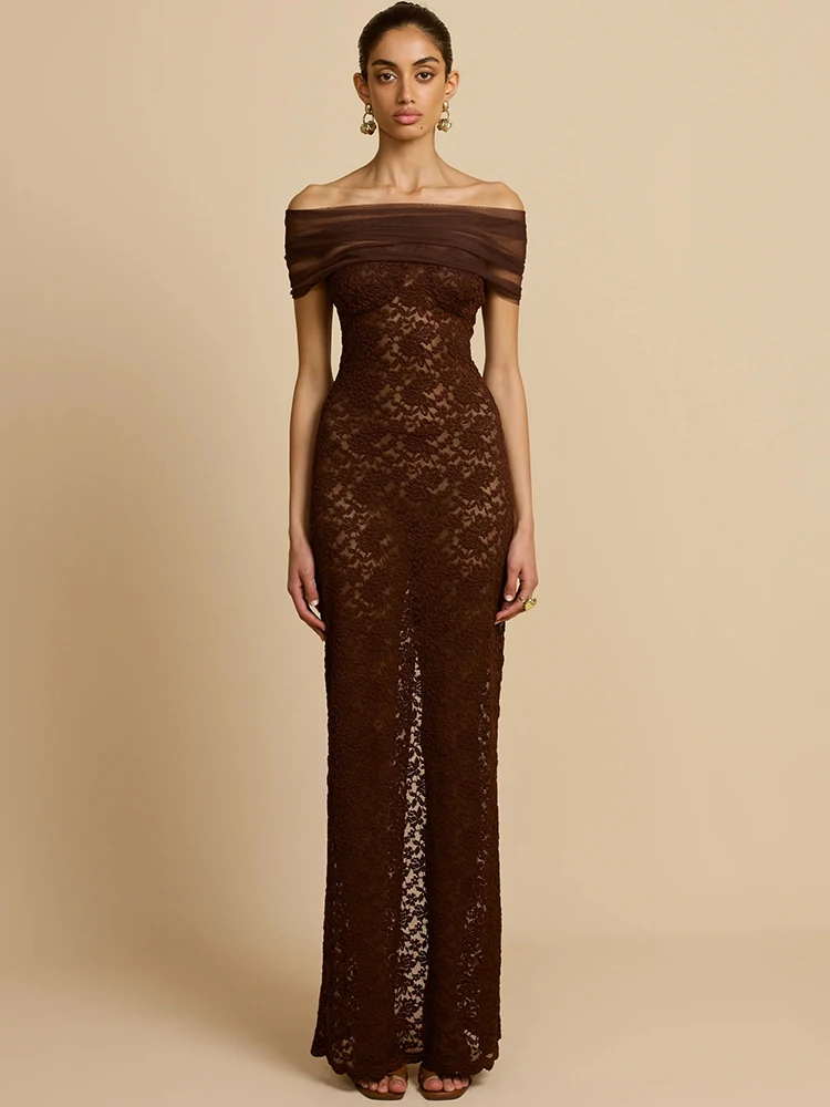 

Mozision Lace Off-shoulder Backless Sexy Maxi Dress Women Gown Elegant See Through Strapless Sleeveless Split Bodycon Club Dress